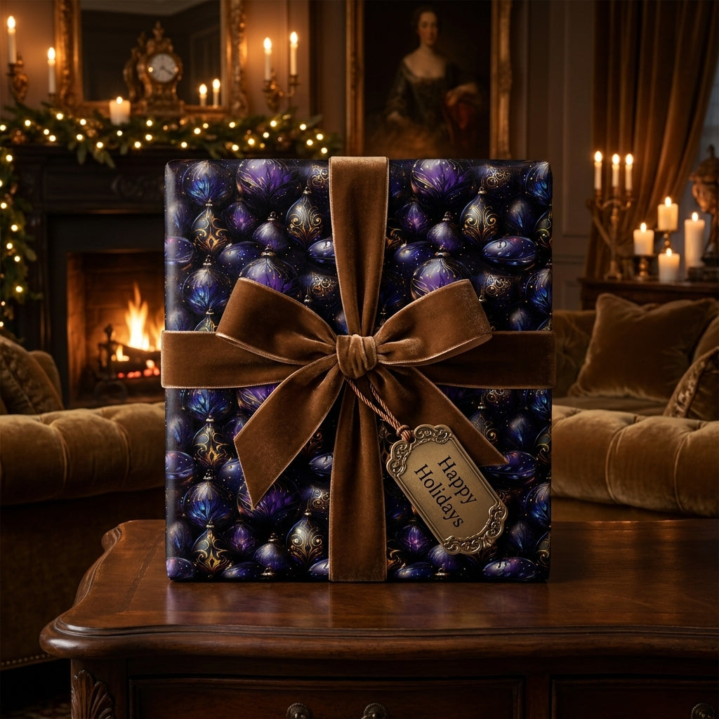 Luxury Christmas gift wrap with purple ornament pattern and brown velvet ribbon, from Wrapped Studios.