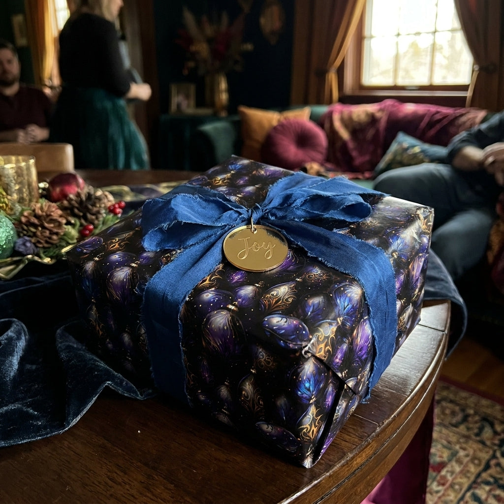 Luxury Christmas gift wrap in dark purple and blue with blue silk bow and gold Joy tag by Wrapped Studios.
