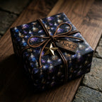 Luxury Christmas gift wrap with dark blue ornament pattern, leather string, and star charm by Wrapped Studios.