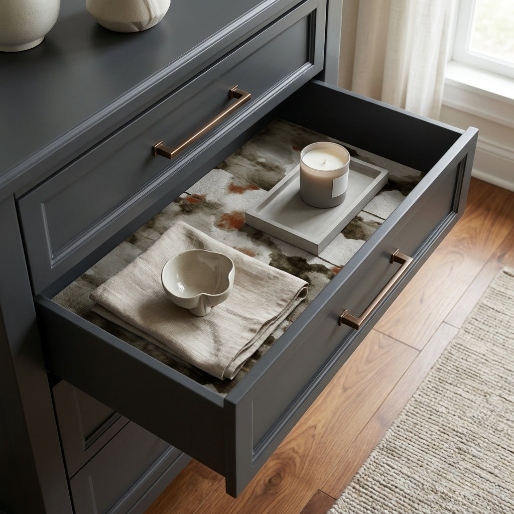 Earthy abstract watercolor wrapping paper used as a luxury drawer liner by Wrapped Studios.