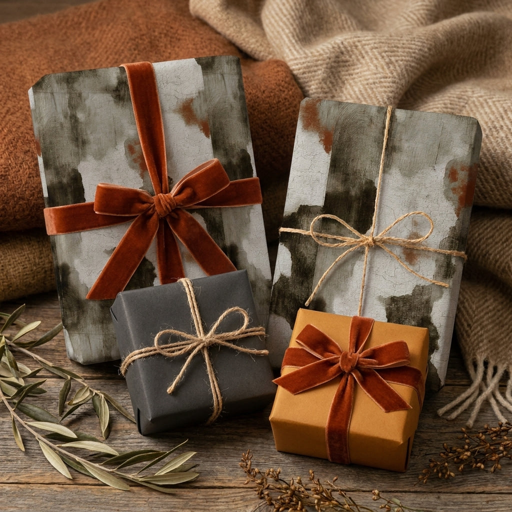Rustic wrapping paper with abstract patterns and terracotta velvet ribbons by Wrapped Studios.