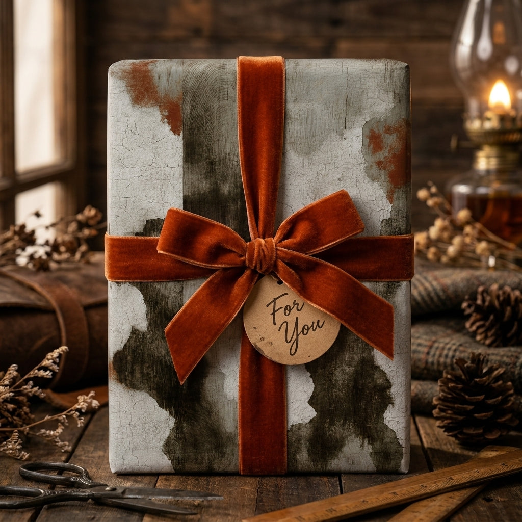 Rustic vintage wrapping paper with a burnt orange velvet bow by Wrapped Studios.