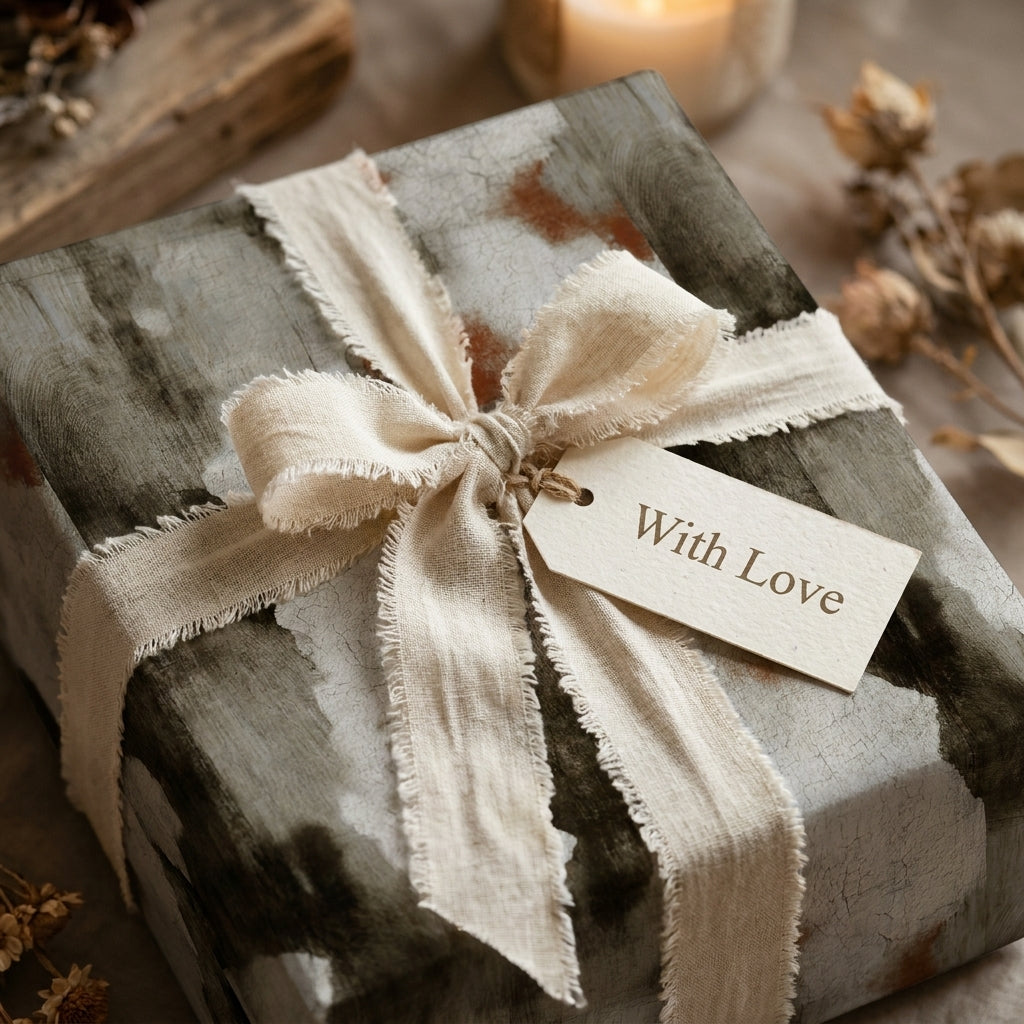 Rustic gray luxury wrapping paper with a cream linen bow and "With Love" tag by Wrapped Studios.