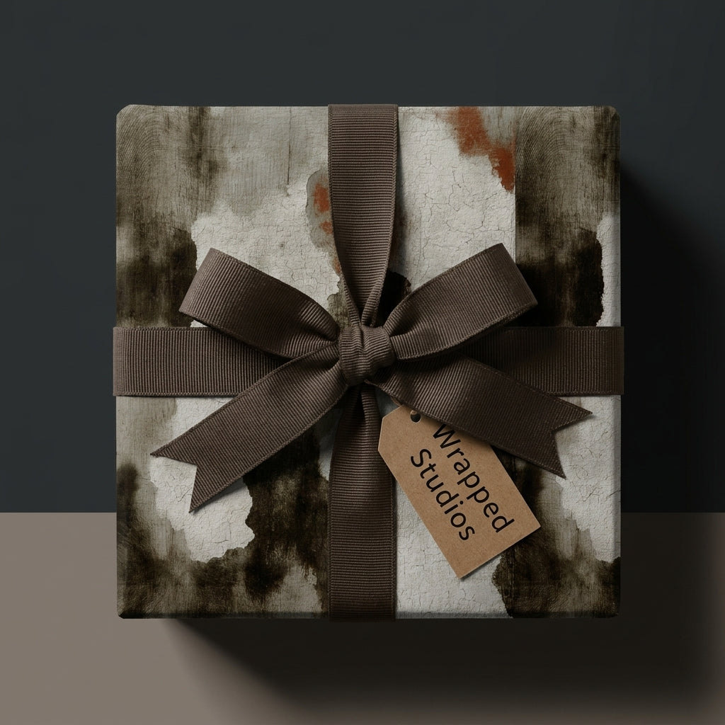 Rustic brown and cream abstract wrapping paper with a dark brown bow, by Wrapped Studios.