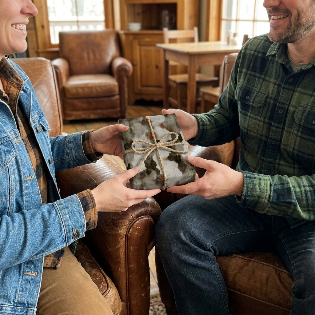 Rustic cow print wrapping paper with twine bow on a gift exchanged by a couple, by Wrapped Studios.