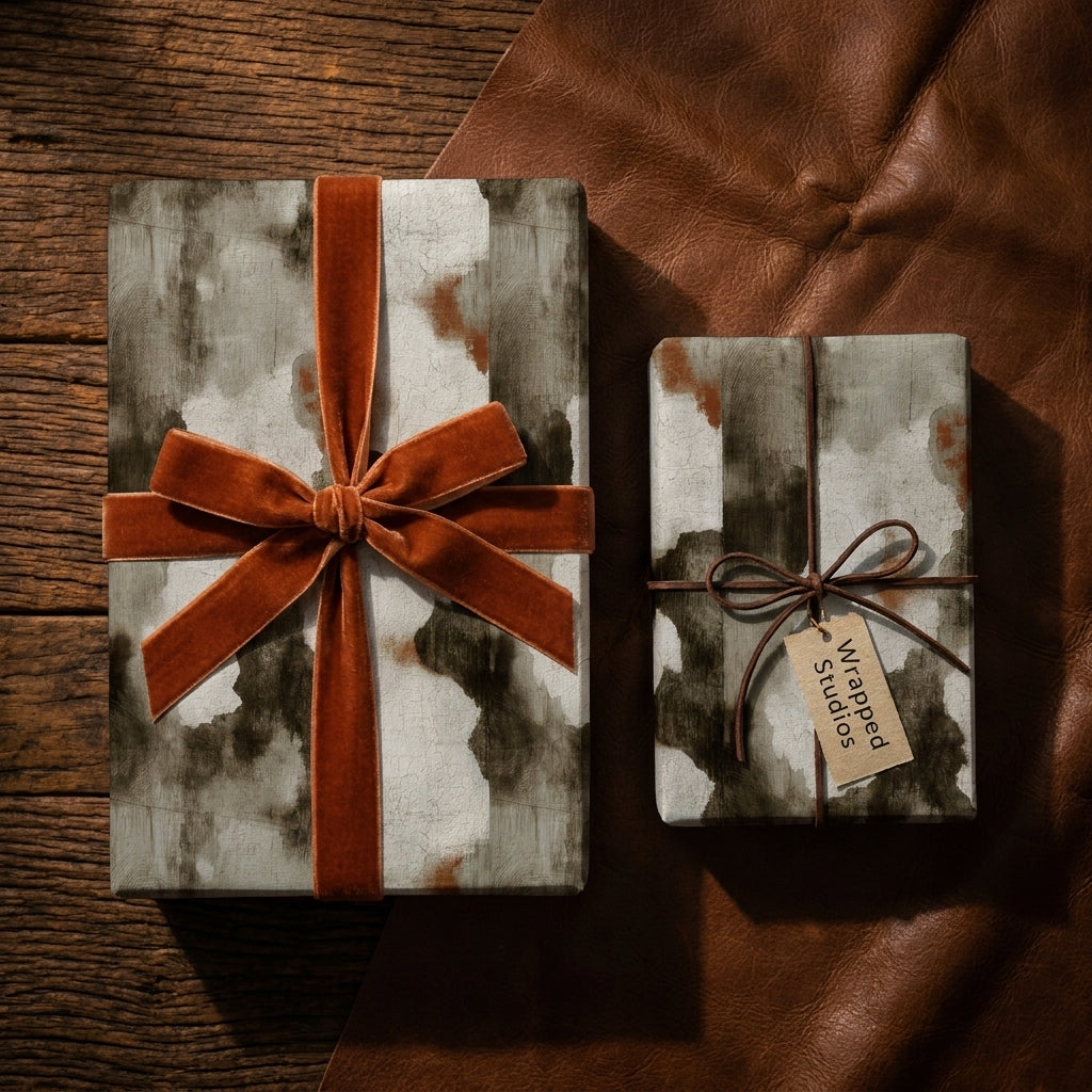 Rustic cowhide wrapping paper by Wrapped Studios on gifts with orange velvet ribbon.