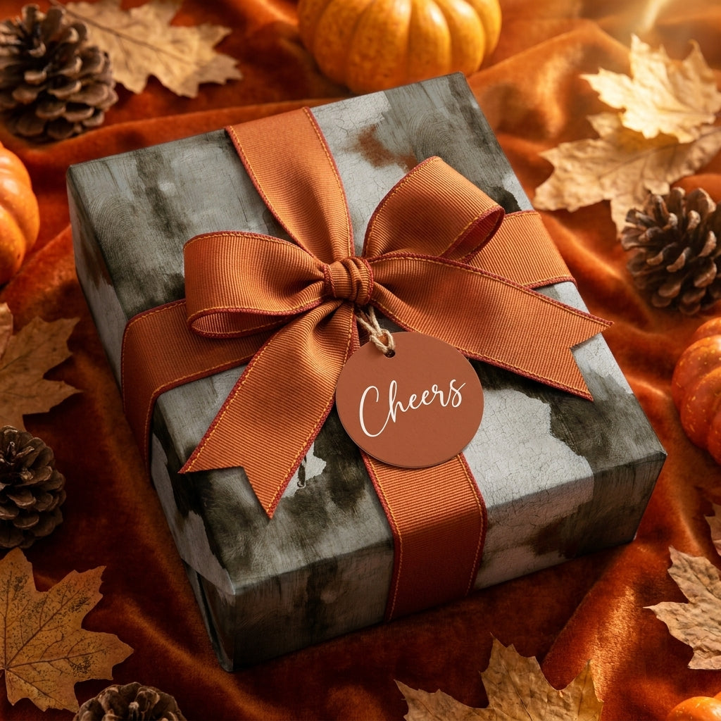 Cozy fall wrapping paper with orange ribbon and Cheers tag in autumn decor by Wrapped Studios.