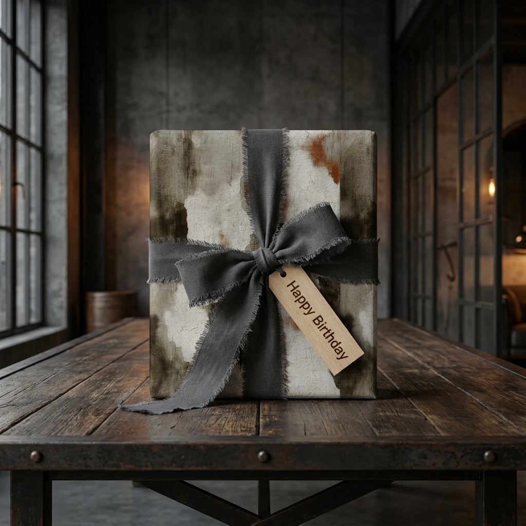 Rustic birthday wrapping paper with frayed grey ribbon on wooden table. Luxury gift wrap by Wrapped Studios.