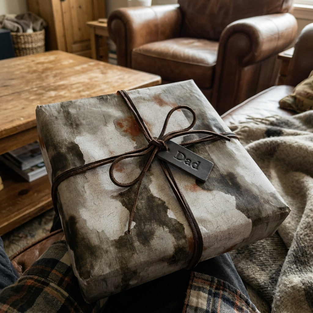Masculine rustic wrapping paper on a Father's Day gift with leather cord and Dad tag by Wrapped Studios.