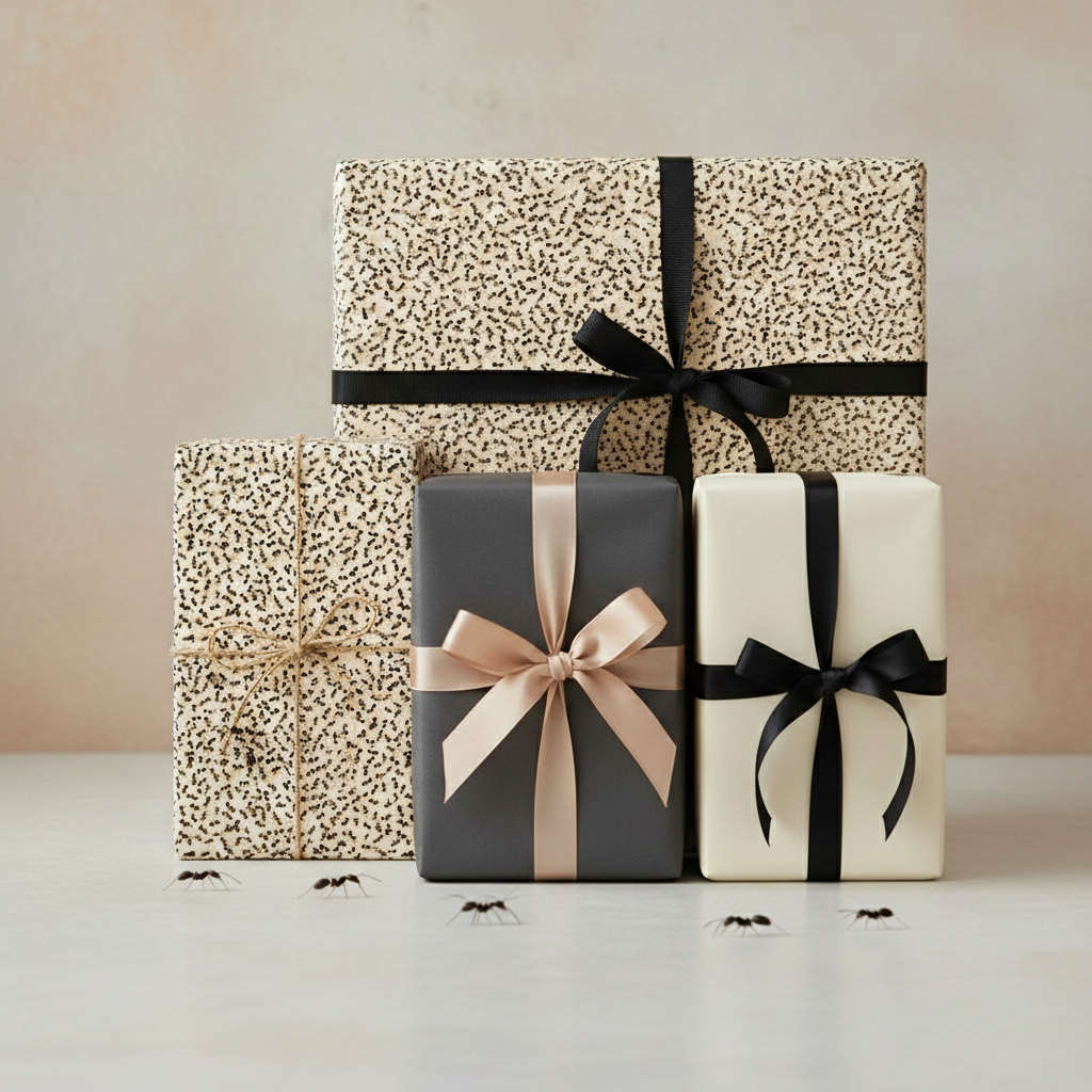 Gifts wrapped in elegant wrapping paper, including a unique spotted pattern, with black and nude ribbons.
