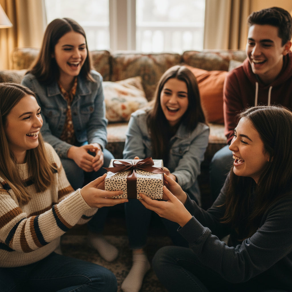 Friends exchanging a gift wrapped in dotted paper and tied with a brown ribbon.