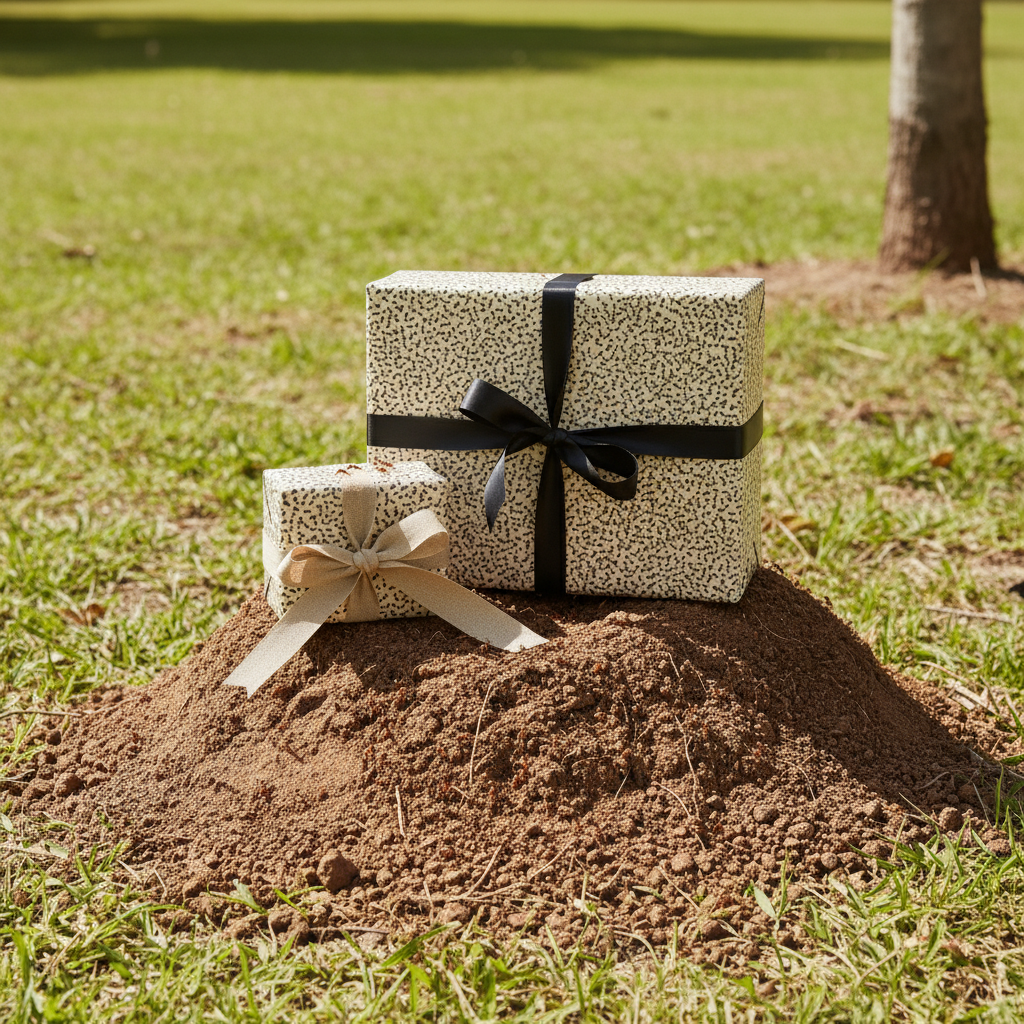 Modern gift boxes wrapped in patterned paper with black and tan ribbon outdoors.