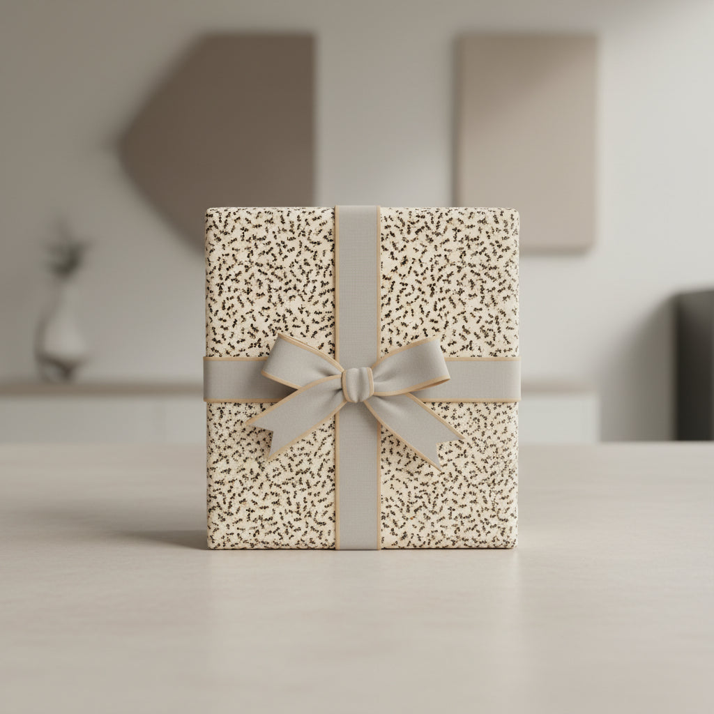 Elegant gift wrapped in modern patterned paper with gray ribbon and bow, for birthday or special occasion.