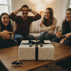 Wrapped gift with black ribbon and playful black/white wrapping paper pattern, friends laughing in background.