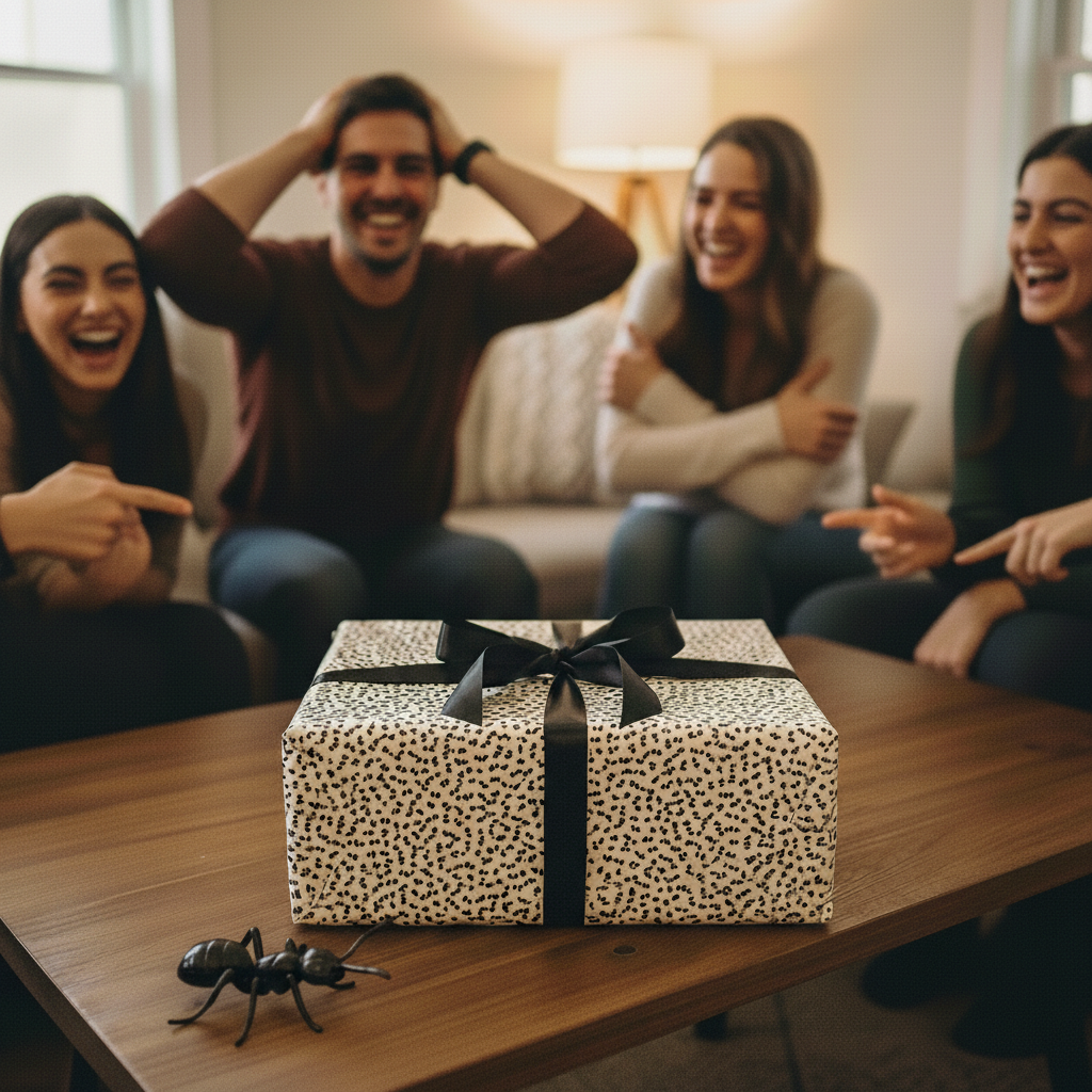 Wrapped gift with black ribbon and playful black/white wrapping paper pattern, friends laughing in background.