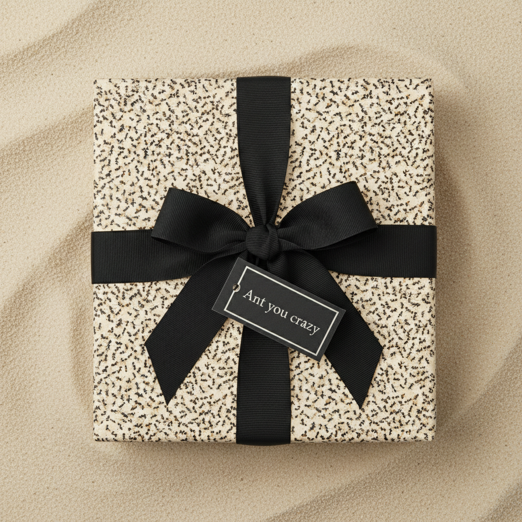 Modern gift box with black ribbon, and ant print wrapping paper on sand background.