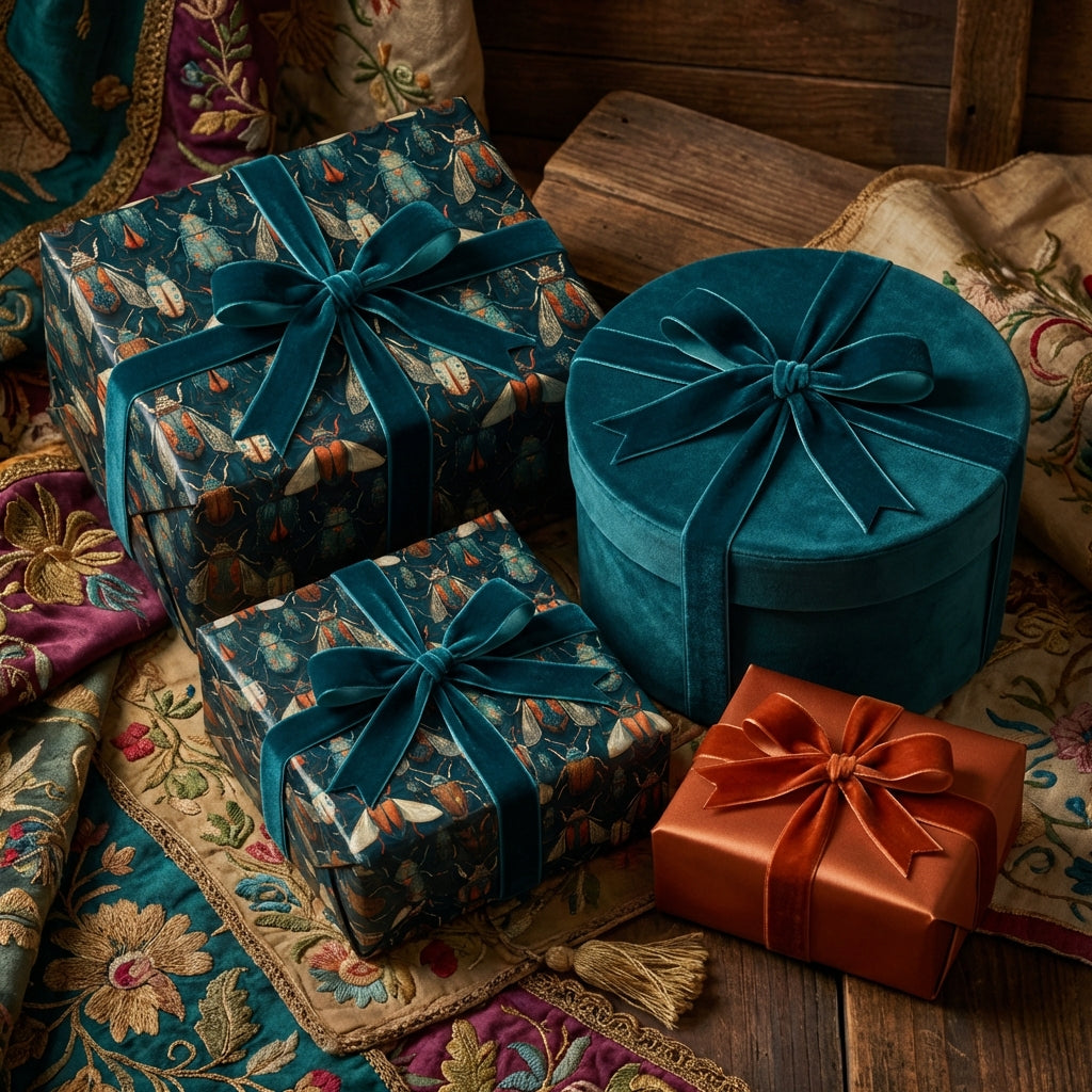 Luxury gifts wrapped in beetle-print wrapping paper and velvet ribbons on a decorative table.