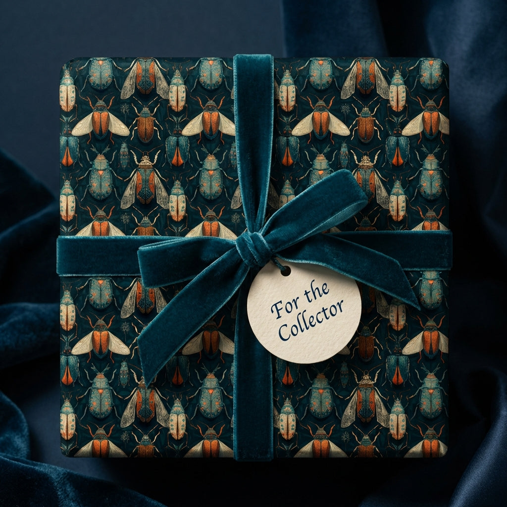 "For the Collector" gift wrapped in beetle-patterned paper with teal velvet ribbon.