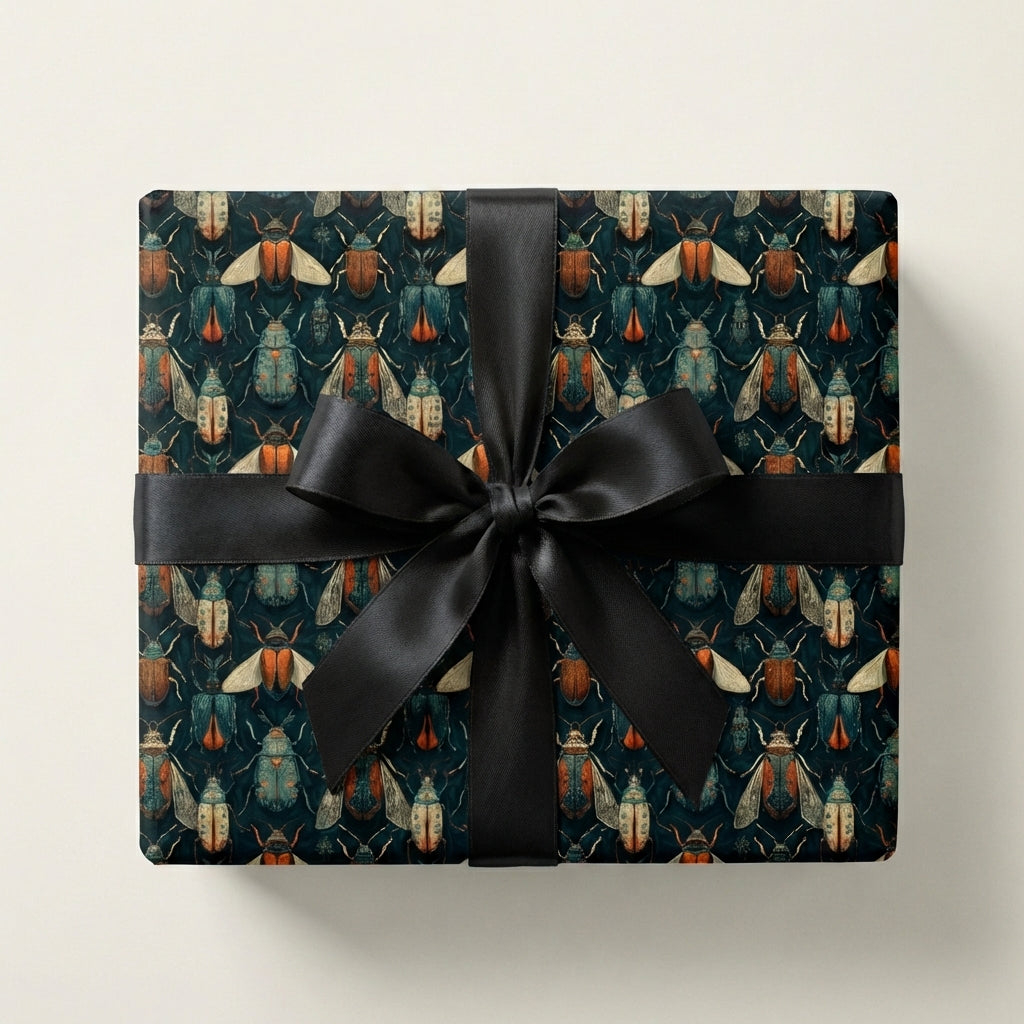 Gift box in beetle-themed wrapping paper with black satin ribbon.