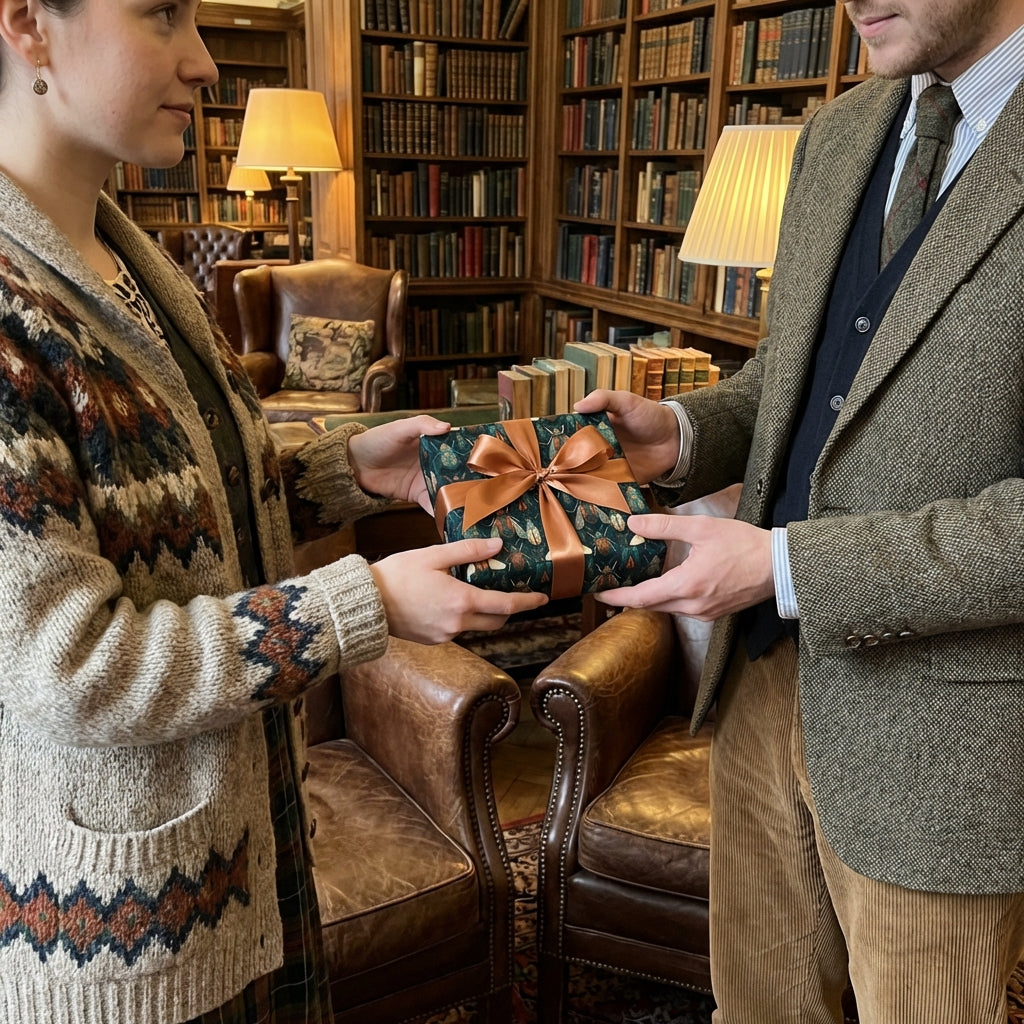 Elegant gift exchange featuring botanical print wrapping paper with a bronze ribbon in a home library setting.