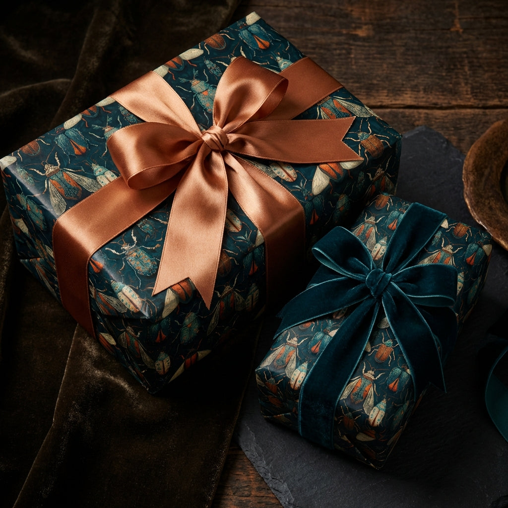 Elegant gift wrap featuring a beetle pattern with copper and teal ribbon, perfect for unique gifts.