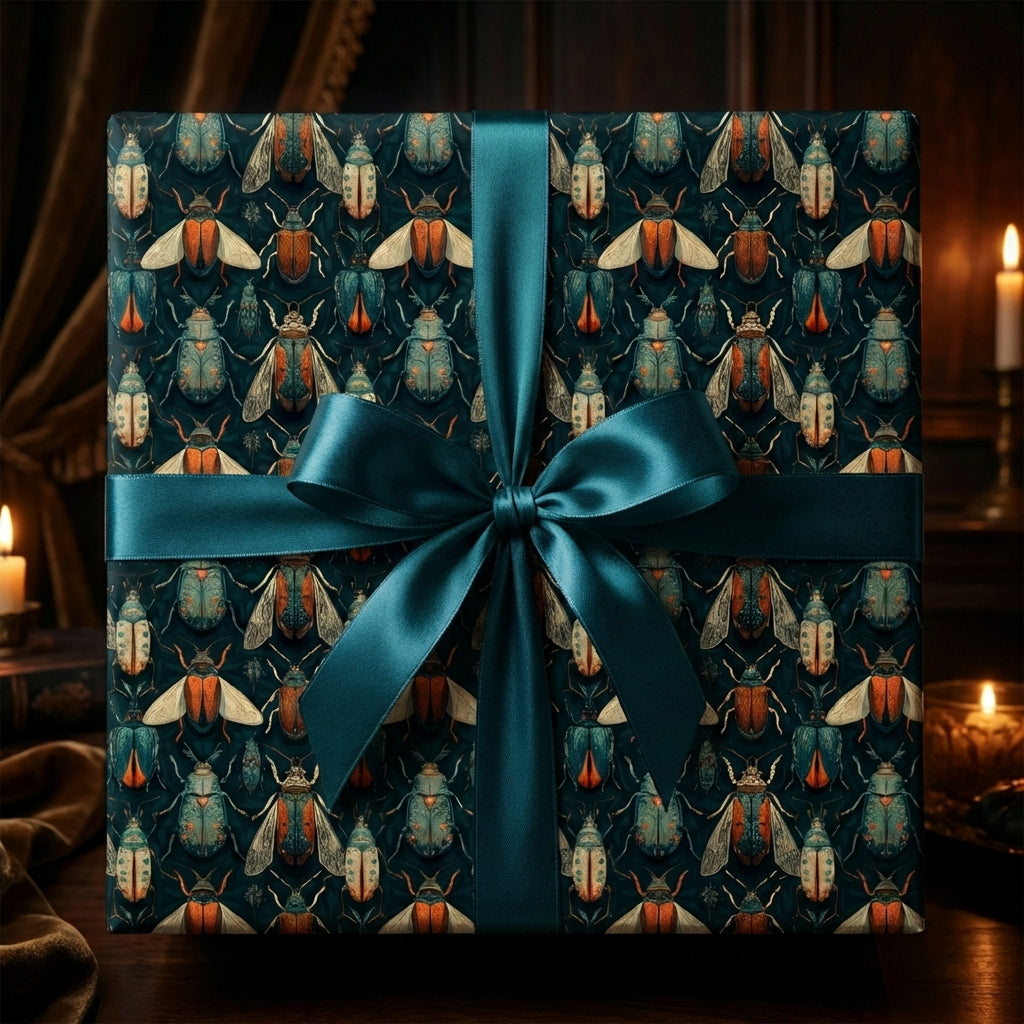 Elegant gift wrapped in teal beetle print wrapping paper with teal satin bow.