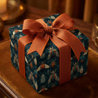 Elegant square gift wrapped in insect-patterned paper with a rust-colored ribbon and bow.