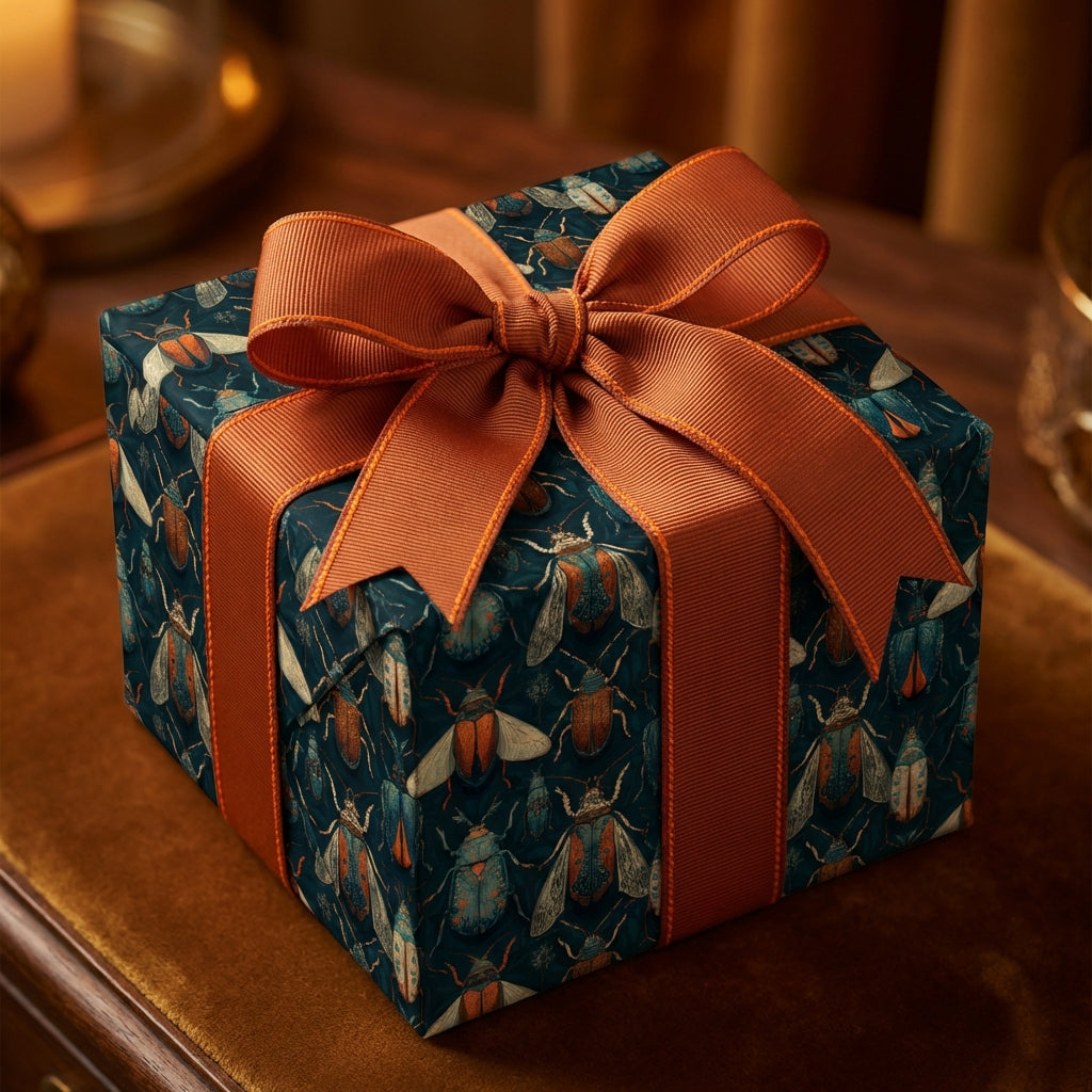 Elegant square gift wrapped in insect-patterned paper with a rust-colored ribbon and bow.