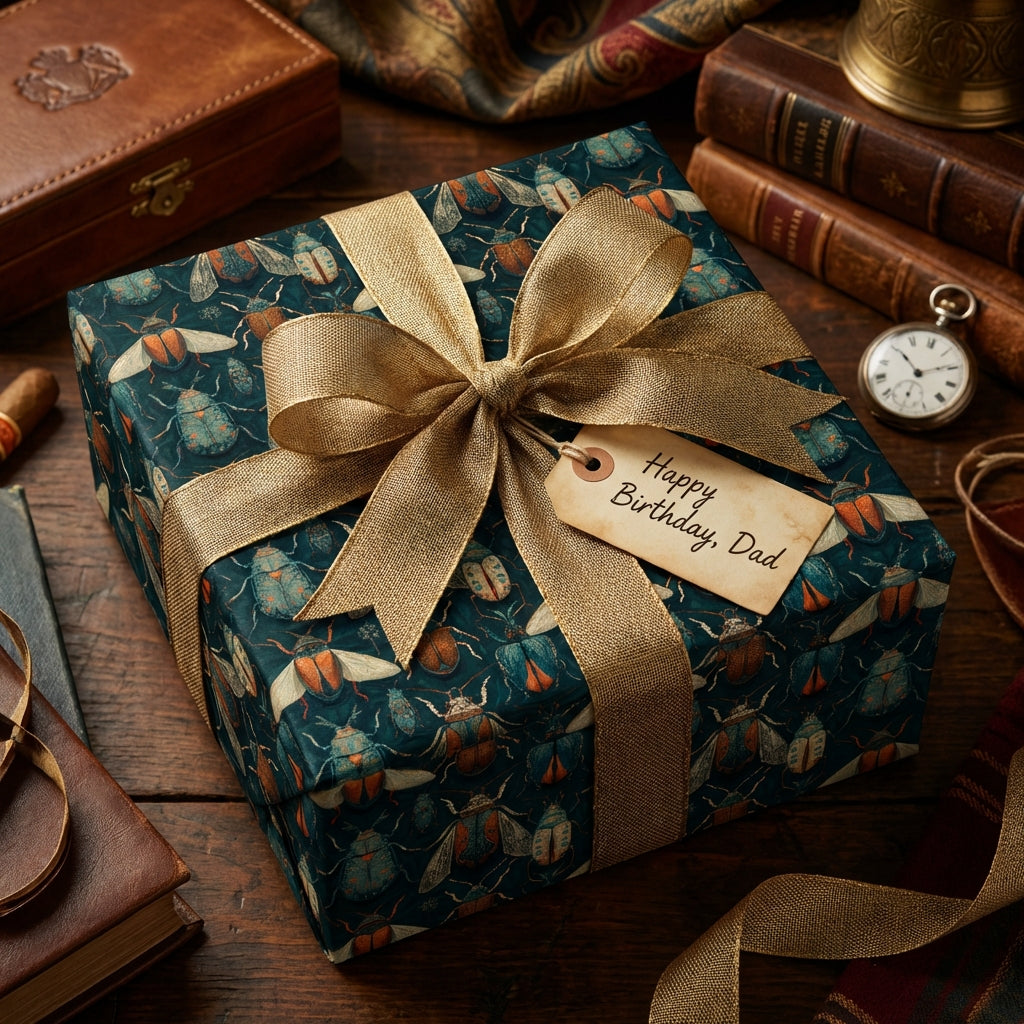 Elegant gift wrapped in beetle-print birthday wrapping paper with gold ribbon and "Happy Birthday, Dad" tag.