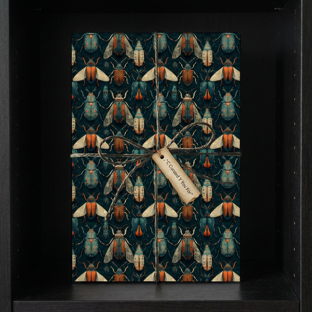Stylish gift wrapped in unique beetle-patterned wrapping paper with twine and a tag.