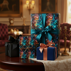 Elegant gifts wrapped in luxury wrapping paper with a shimmering scale pattern and satin ribbons.