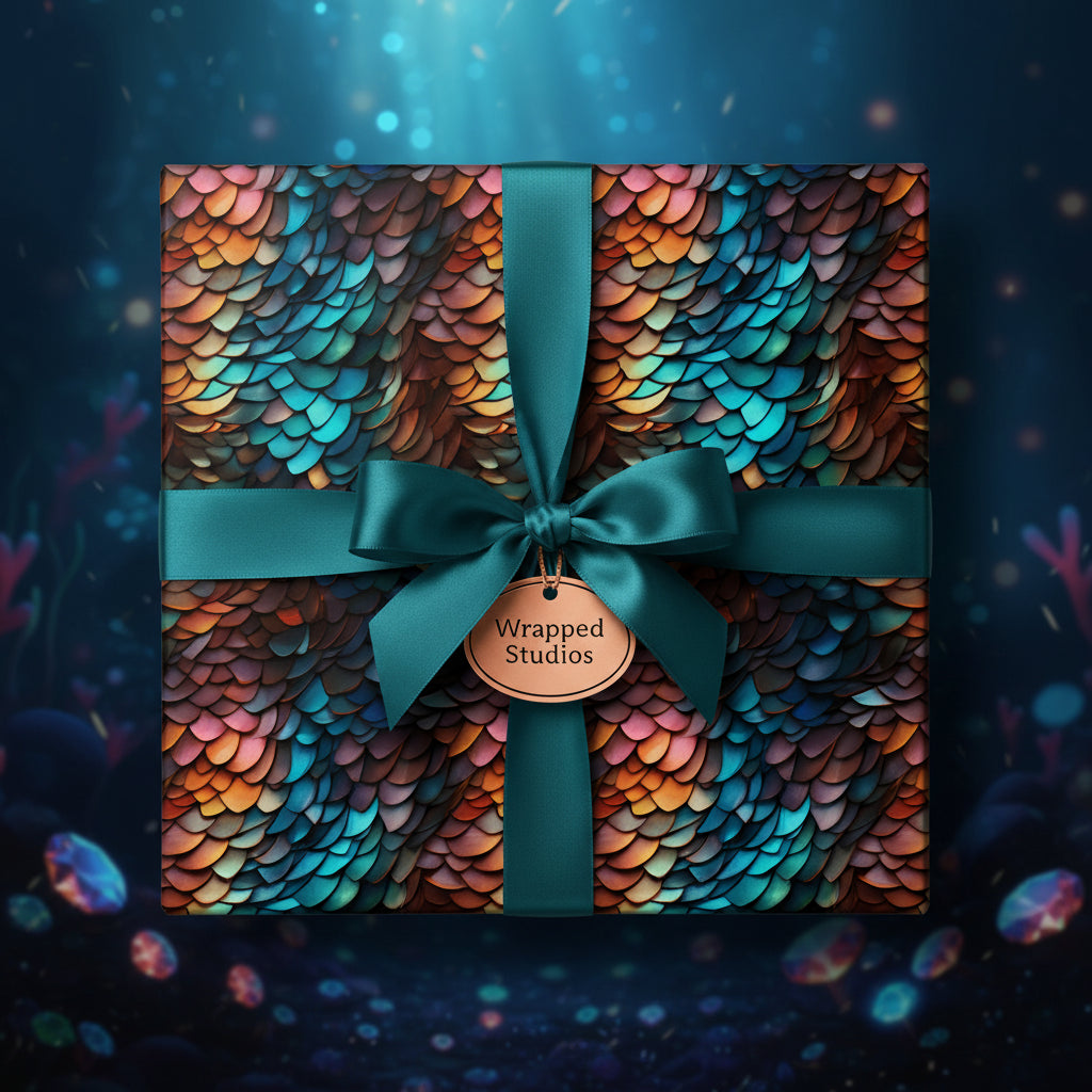 Modern gift box in teal ribbon and scale wrapping paper with blue, orange, and brown tones.