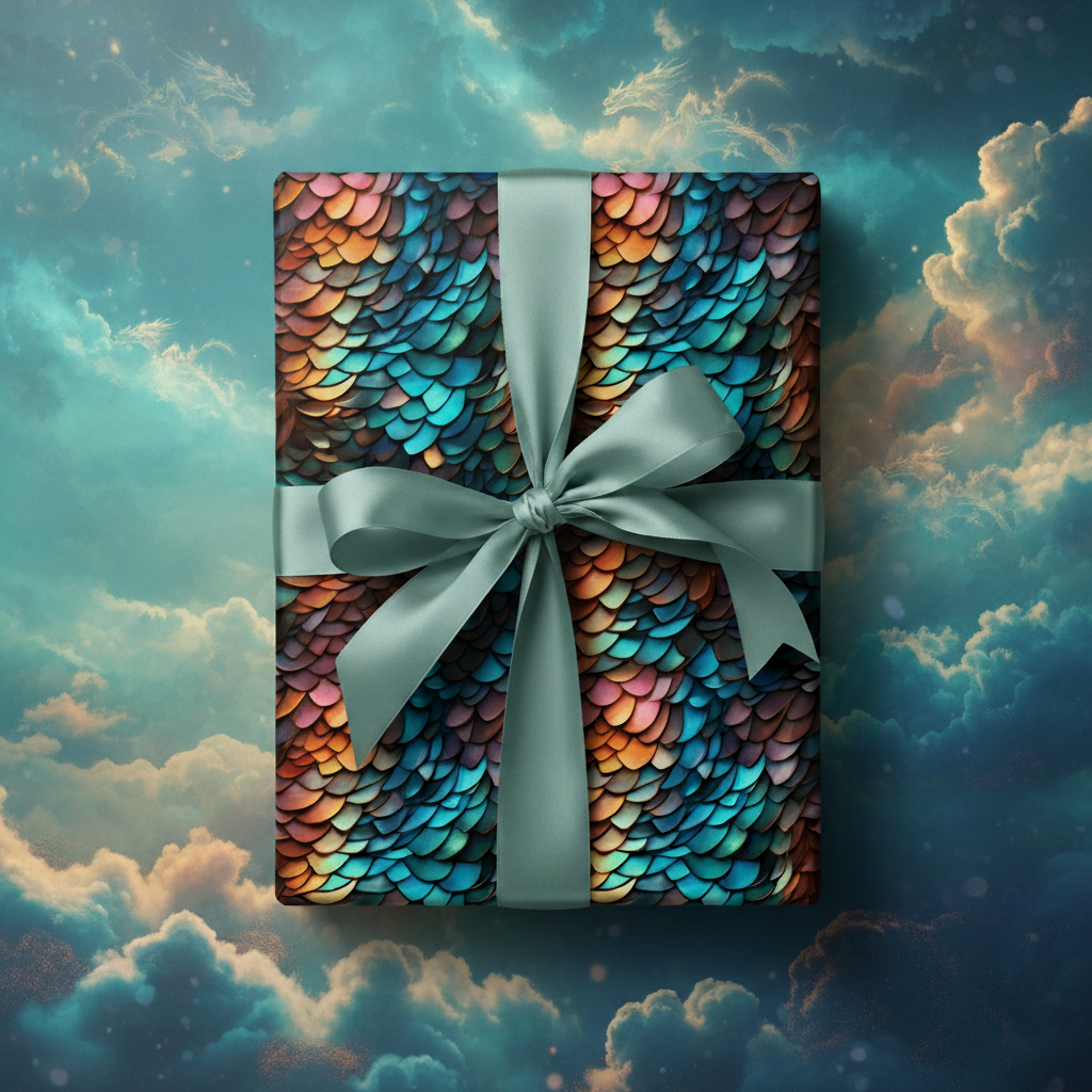Gift wrapped in iridescent scale pattern paper with a sage green ribbon, against a cloudy sky background.