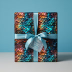 Square gift wrapped in colorful scale-pattern paper with a blue satin ribbon and bow.