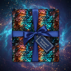 Elegant gift wrapped in iridescent scale-pattern paper with a royal blue ribbon.