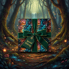 Luxury gift wrap with colorful scale pattern and green velvet bow, against a magical forest backdrop.