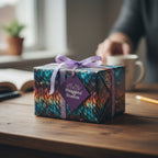 Unique patterned gift wrap with a lilac ribbon, ideal for luxury birthday presents or special occasion gifts.