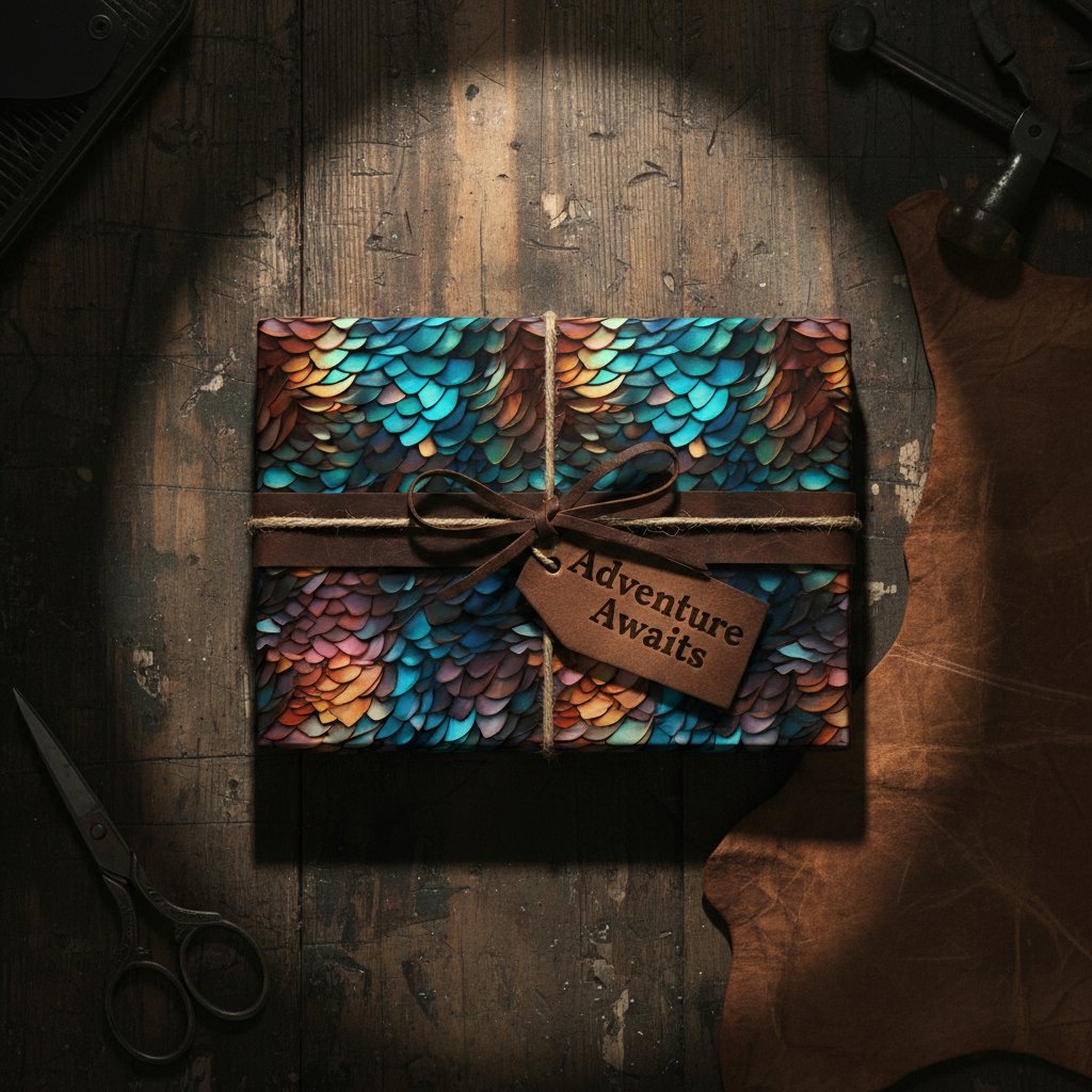 Artisan gift wrapped in abstract scale patterned paper, twine, leather bow and "Adventure Awaits" tag on rustic wood.