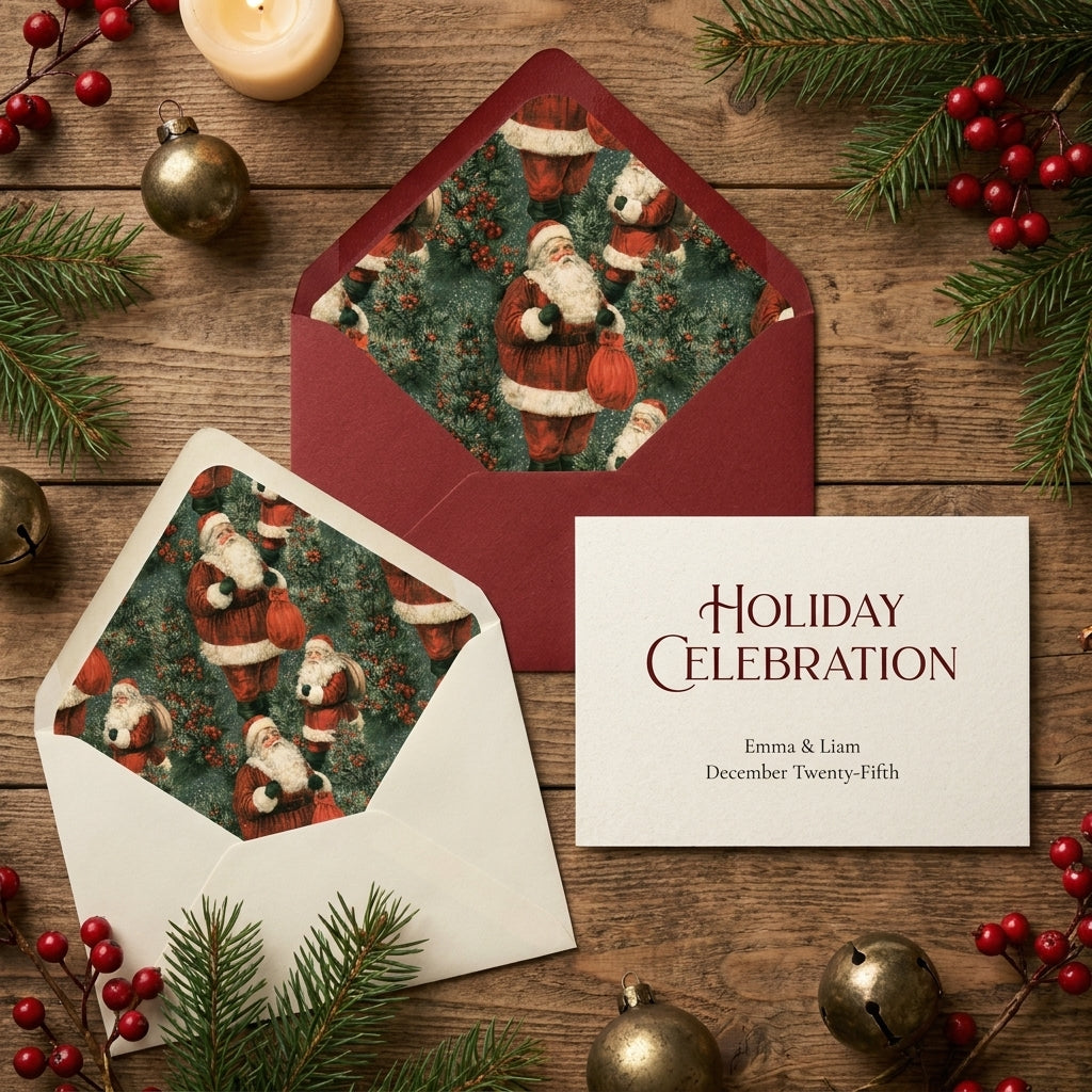 Vintage Santa Christmas cards with patterned envelope liners on a rustic table by Wrapped Studios.