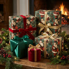 Vintage Santa Christmas wrapping paper on luxury holiday gifts near a cozy fireplace, by Wrapped Studios.