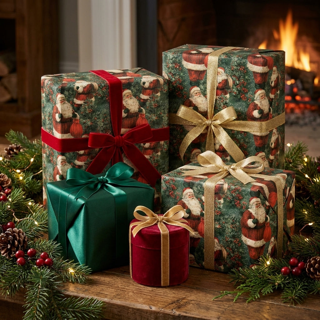 Vintage Santa Christmas wrapping paper on luxury holiday gifts near a cozy fireplace, by Wrapped Studios.