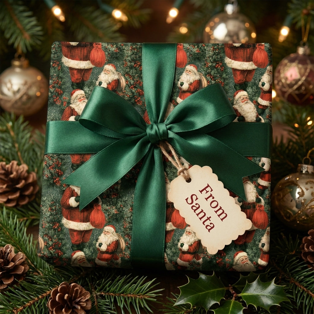 Vintage Santa Christmas wrapping paper with a green satin bow and From Santa tag by Wrapped Studios.