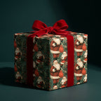 Vintage Santa Christmas wrapping paper on a gift box with a luxury red velvet bow by Wrapped Studios.