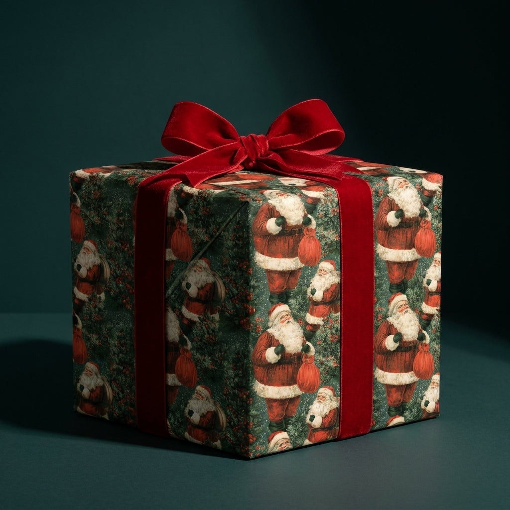 Vintage Santa Christmas wrapping paper on a gift box with a luxury red velvet bow by Wrapped Studios.