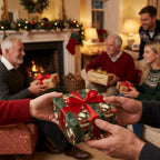 Hands exchanging a gift in vintage Santa Christmas wrapping paper with a red bow. Wrapped Studios.