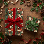 Vintage Santa Christmas wrapping paper with luxury red and green velvet bows by Wrapped Studios.