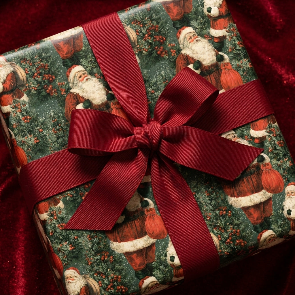 Vintage Santa wrapping paper with a red grosgrain bow on a Christmas gift box by Wrapped Studios.