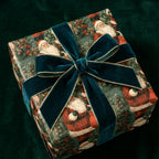 Vintage Santa Claus Christmas wrapping paper with a luxury teal velvet bow by Wrapped Studios.