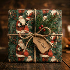 Vintage Santa Christmas wrapping paper on a rustic gift box with twine and a Dad tag by Wrapped Studios.