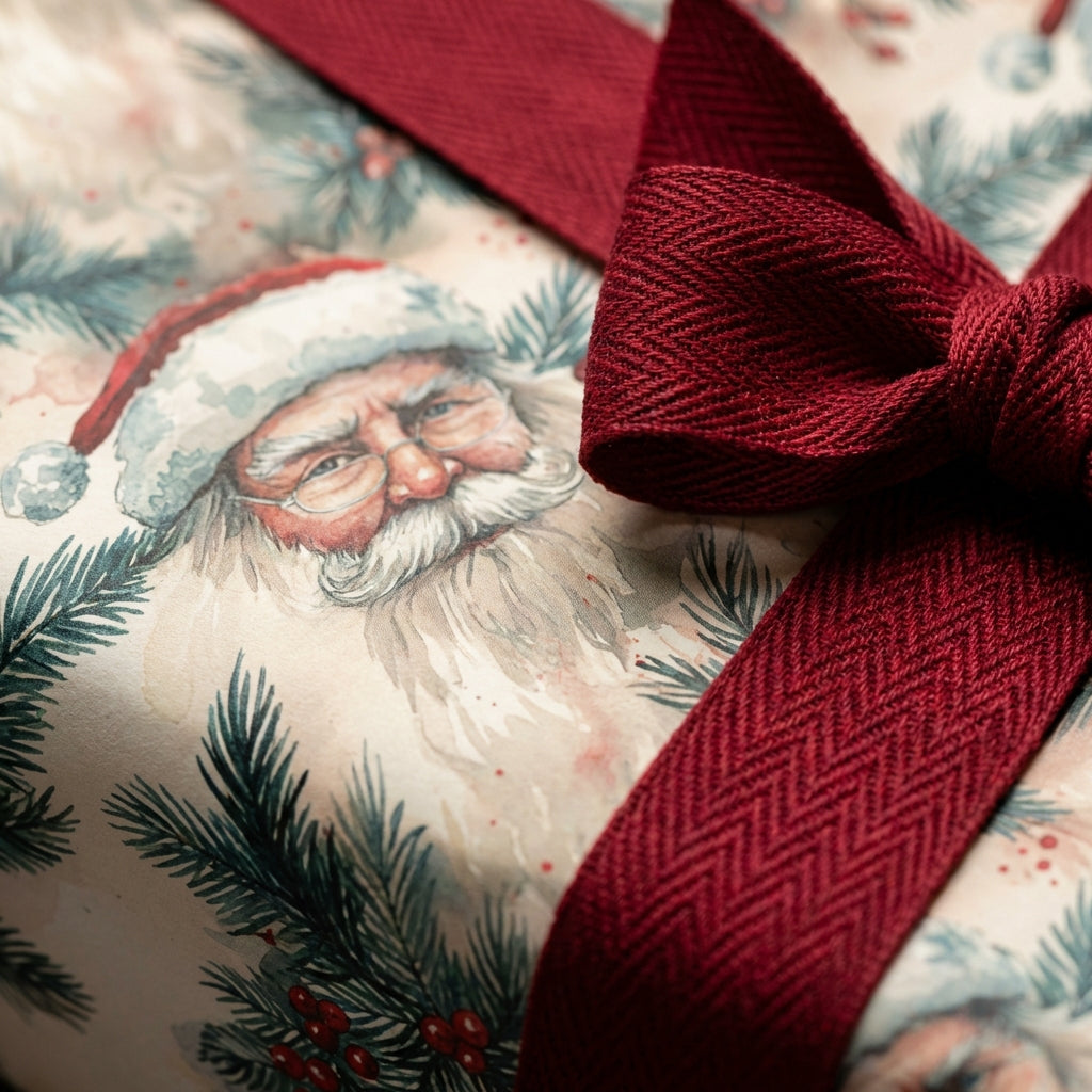 Watercolor Santa Christmas wrapping paper with burgundy ribbon.